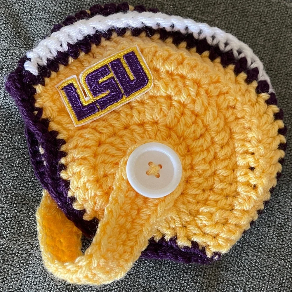 Newborn Handmade Crochet LSU Football Helmet Hat and Diaper Cover Set